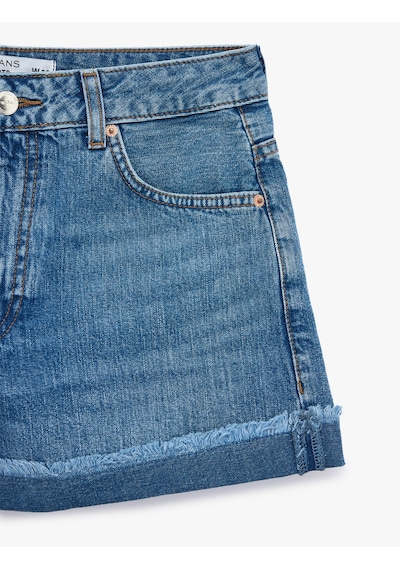 Koton Pamuklu Düğmeli Normal Bel Katlı Paça Mini Denim Şort Orta İndigo 6sal40231md
