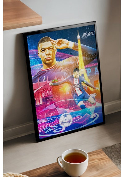 Kylian Mbappe Siyah Ahşap Çerçeveli Poster, Dekoratif Spor Duvar Tablosu