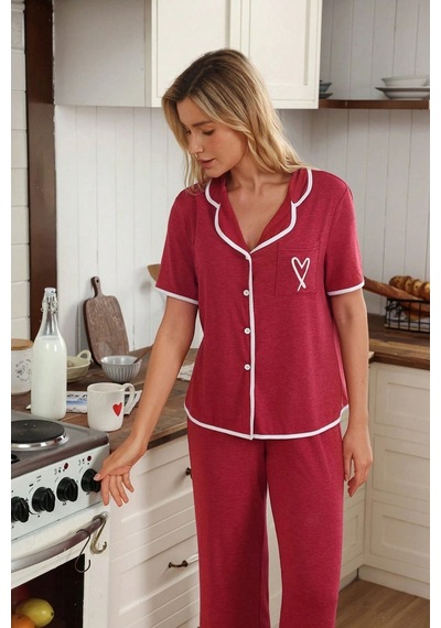 Bella Notte Bordo Düğme Ve Kalp Detaylı Kısa Kollu Pijama Takımı