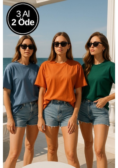 Kadın 3'lü Paket Mavi-yeşil-turuncu %100 Pamuk Oversize Basic Tişört Bisiklet Yaka Relaxed T-shirt Çok Renkli