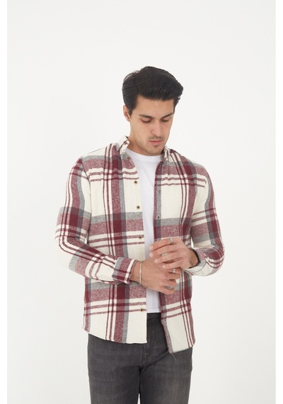 Mcz Giyim Erkek Uzun Kollu Slim Fit Dar Kesim Gömlek Yaka Dokuma Bordo Oduncu Gömlek