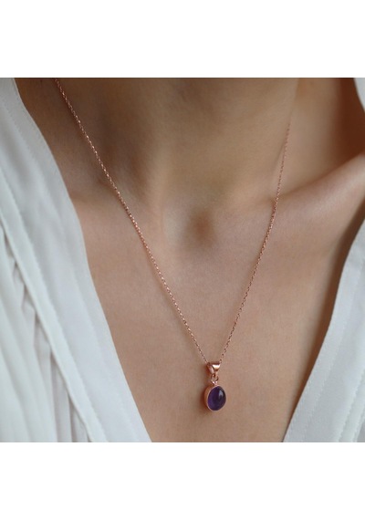 Ametist Doğal Taş Rose Gold Kaplama Gümüş Kolye Gümüş