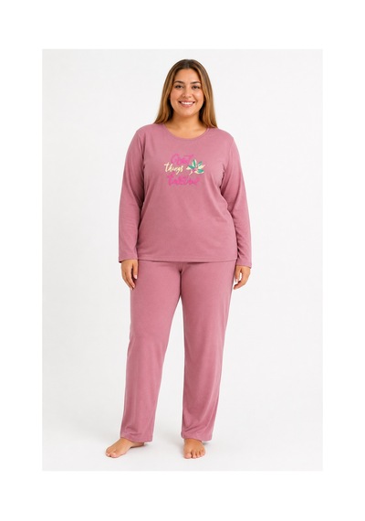 Sleeproom Büyük Beden Kadın Mevsimlik Great Things Desen Pembe Pijama Takımı