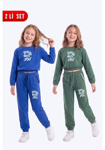Fyk Kids 2'li Kız Çocuk Bisiklet Yaka Kısa Kesim Baskılı Çift Cepli 4 Parça Eşofman Takımı Sax-haki