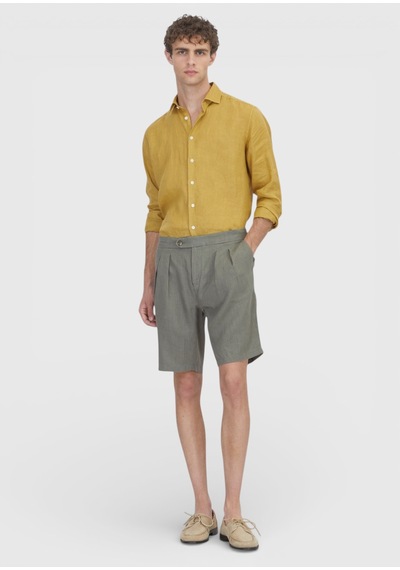 Ramsey Haki Düz Dokuma Carrot Fit Casual %100 Keten Bermuda