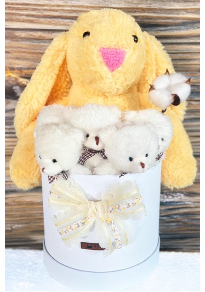 Özel Kutuda, Sarı Jellycat Tavşan, 5 Beyaz Ayıcık Pamuk Çiçeği Dokunuşlu, Özel Ayıcık Buketi