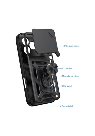 Honor 600 Lite 5g Uyumlu Tank Kılıf Yüzük Standlı Tam Darbe Koruma Zırhlı Outdoor Kapak Siyah