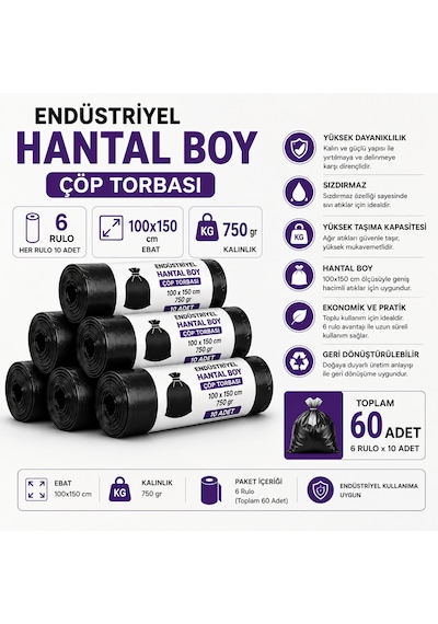 Hantal Boy Endüstriyel Çöp Torbası Siyah 100x150 Cm 700 Gr Ekstra Dayanıklı Sızdırmaz 6 Rulo / 60 Adet