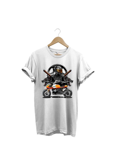 Motorsiklet Beyaz T-shirtü Katana Motor Kurt Ve Motorcu Baskılı Regular Fit %100 Pamuk Beyaz T-shirt Beyaz
