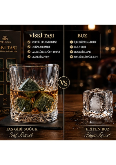 Perlotus Mermer Viski Taşı Seti 6 Adet Soğutma Keseli Sertifikalı Mermer Buz Küpleri Hediyelik Özel Kutusunda Yeşil