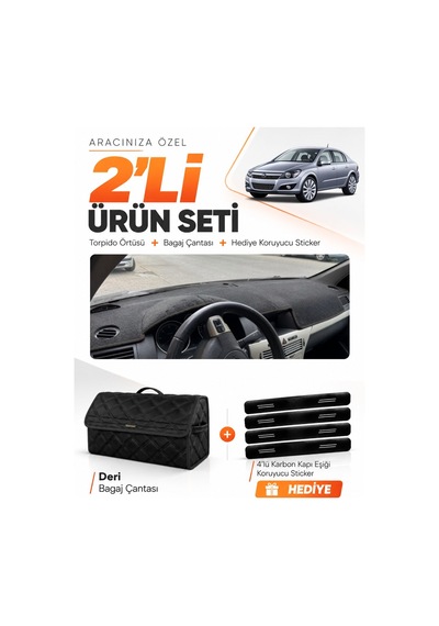 Opel Astra H 2003-2014 Uyumlu Torpido Örtüsü + Deri Bagaj Çantası + Sticker Seti - Siyah