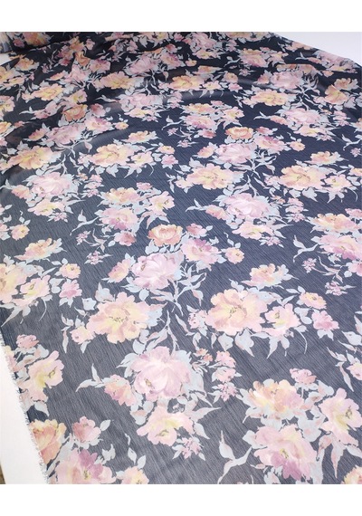 Siyah Üzeri Çiçek Desenli Krinkıl Şifon Dokuma Kumaş Elbiselik & Pareoluk En: 145cm-12609