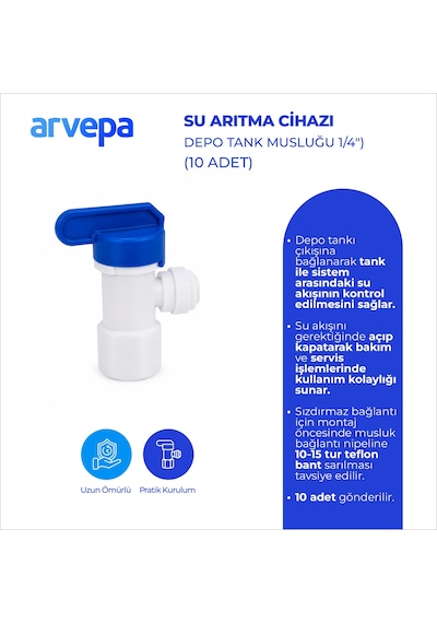 Arvepa Su Arıtma Cihazı 1/4" Depo Tank Musluğu 10 Adet - Geçmeli (Quick) Bağlantı