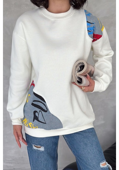 Femelle Kadın Beyaz Şardonlu Tasarım Kot Detaylı Sweatshirt