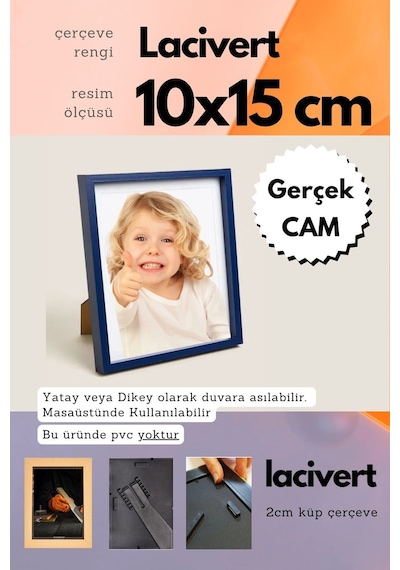 Lacivert-20mm Çerçeve Camlı 10x15 Cm Fotoğraf Resim Çerçevesi Ayaklı Veya Duvara Asma Yatay-dikey 20140985