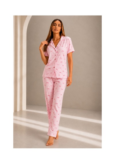 Fit Women Kadın Kısa Kol Rahat Kalıp Şık Pembe Pijama Takımı