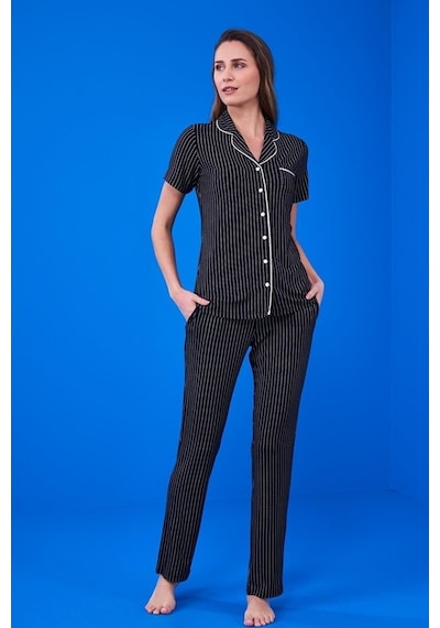 Pjs 23134 Kadın Çizgili Düğmeli Pijama Takım