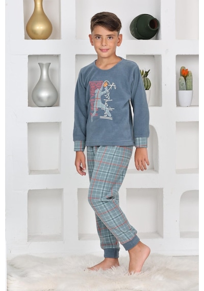 Yeni Sezon Sonbahar/kış Erkek Çocuk Basketball Desenli Polar Pijama Takımı 4530 Petrol Mavisi