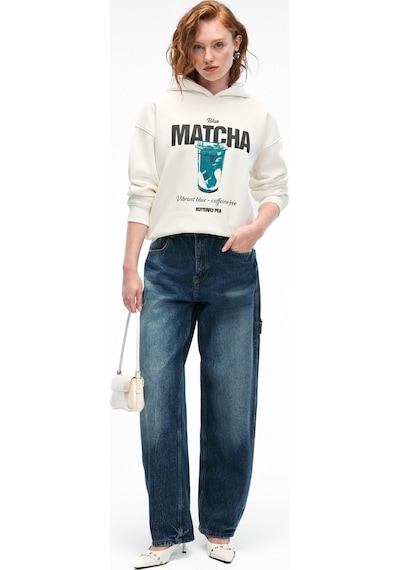 Grimelange YANMESA Kadın Oversize Baskı Ve Nakış Detaylı Uzun Kollu Kapüşonlu Beyaz Sweatshirt