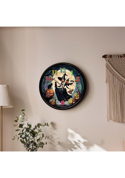 Cadılar Bayramı Cadısı Temalı Dekoratif Duvar Saati 28 Cm Sessiz Mekanizma Çok Renkli