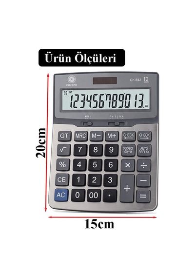 Hesap Makinesi Gri 15x20 Cm 1 Adet Cockpıt Ck-642 12 Haneli Büyük Boy Hafızalı Büro Masaüstü Hesap Makinası Gr