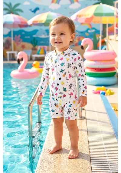 Uzun Kollu Kız Bebek Çocuk Tulum Yüzücü Mayo 26808 Krem