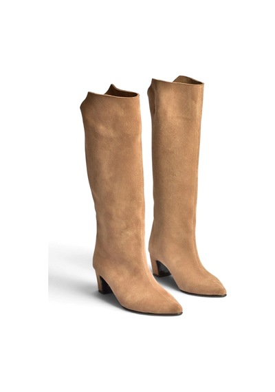 Fox Shoes Z654280161 Vizon Hakiki Deri Süet Kalın Topuklu Kadın Çizme
