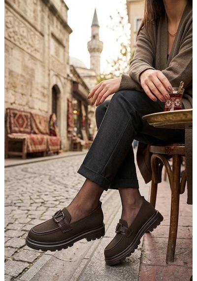Fort Ventes 346800 Rahat Toka Aksesuarlı Triko Loafer Kadın Ayakkabı Kahverengi