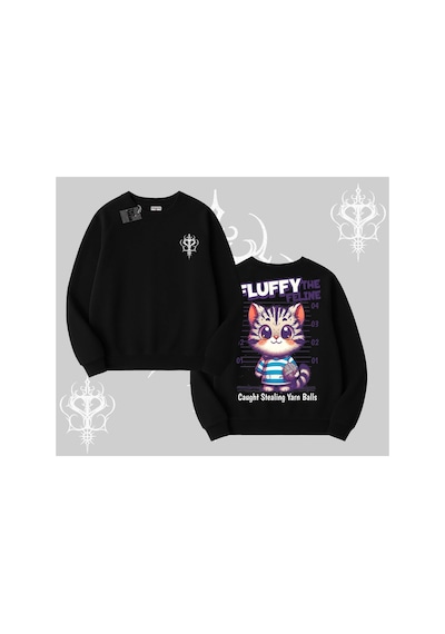 Tarzsokak Fluffy The Feline Yazılı Sevimli Kedi Arka Baskılı Biskilet Sweatshirt Siyah