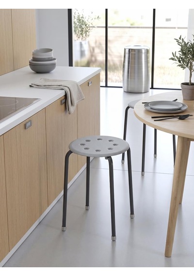Metal Ayaklı Plastik Tabure 44 Cm - Minimalist Yuvarlak Mutfak Ve Balkon Taburesi, Üst Üste İstiflenebilir Ergonomik Delikli Ev Taburesi, Gri/antrasit Çok Renkli