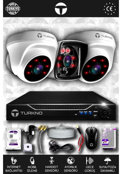 Turkno 3 Kameralı Karia 2 İç Kamera Set 100 GB HDD Full HD Gece Görüşlü Güvenlik Kamerası Sistemi