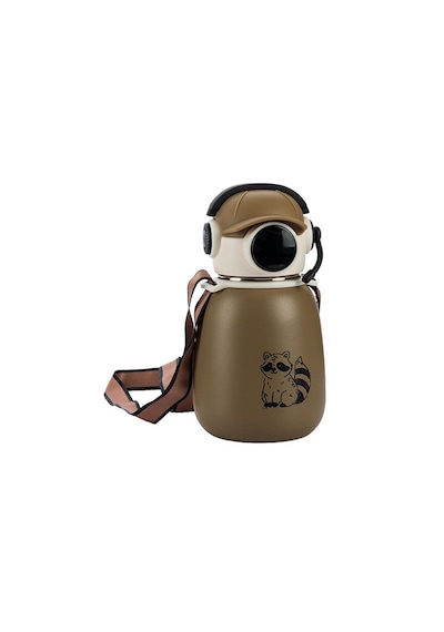 Sevimli Tasarım Gamer Termos Matara 500 Ml 16.9 Oz Ve Omuz Askılı Kahverengi