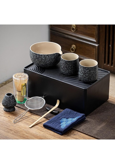 Saklama Kutulu 12 Parça Seyahat Matcha Çayı Seti, Seramik Kase, Bambu Çırpıcı Siyah