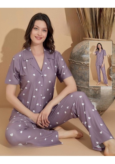 Boyraz Kadın Milan Boydan Düğmeli Kısa Kol İnce Pijama Takımı 11039 - 1 Adet Lila