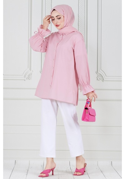 Sevitli Arkası Pileli Kolu Büzgülü Tunik-pembe-3664-pembe Pembe