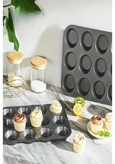 Paslanmaz Yapışmaz Çelik 12'li Muffin Kek Kalıbı 26x 38 Cm Cupcake Kalıbı 1. Sınıf Malzeme Kek Kalıp Siyah