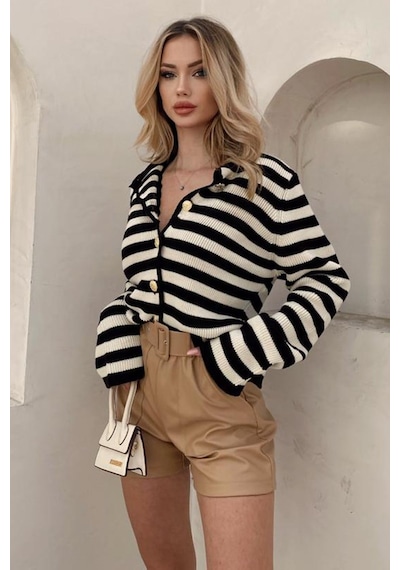 Madmext Siyah Çizgili Bisiklet Yaka Gold Düğme Detaylı Cotton Hırka Mg1605