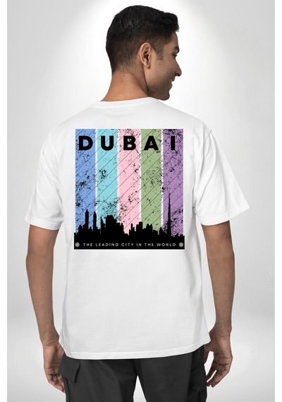 Dubai Şehir Silüeti Renkli Şehir Beyaz Oversize Unisex Ön Ve Sırt Baskılı Tişört Beyaz