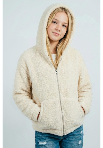 Breeze Kız Çocuk Polar Hırka Kapüşonlu Fermuarlı Cepli 8-14 Yaş, Krem Krem