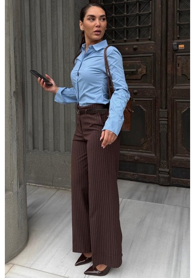 Madmext Kahverengi Çizgili Geniş Paça Normal Bel Kemerli Pantolon Mg2735 Kahverengi
