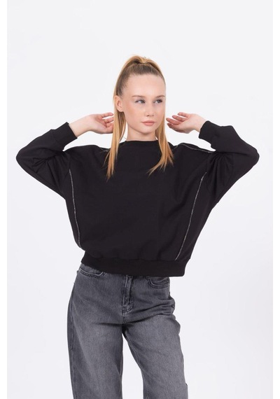 Kız Çocuk Sim Şeritli Taşlı Yarasakol Sweatshirt-13468 Siyah
