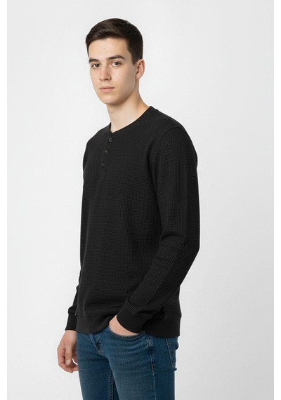 Mevsimlik Düğme Detaylı Bawelna Kumaş Uzun Kollu Erkek Çocuk Sweatshirt-90970 Siyah