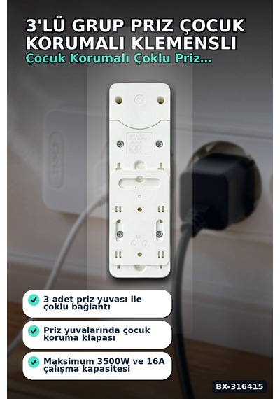 3'lü Grup Priz Çocuk Korumalı Klemensli 16a 250v Topraklı 2p+e Çoklu Priz Bx-316415