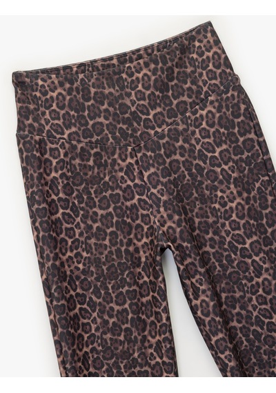Koton İspanyol Paça Spor Tayt Leopar Desenli Slim Fit Yumuşak Tuşe Yüksek Bel Kahverengi Desenli 7wak40023nk