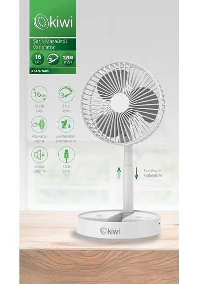 Kiwi Kfan-7608 Şarjlı Beyaz Katlanılabilir Mini Fan Masa Üstü Vantilatörü Usb Soğutucu Sessiz El Fanı