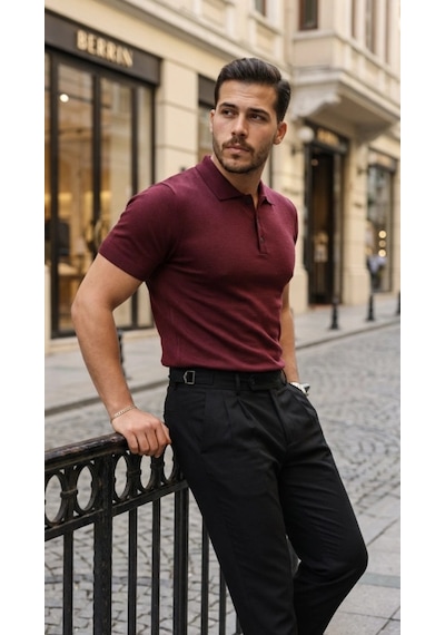 Defymoda Erkek Düğme Yakalı Kısa Kollu Pamuk Triko Tişört Altın