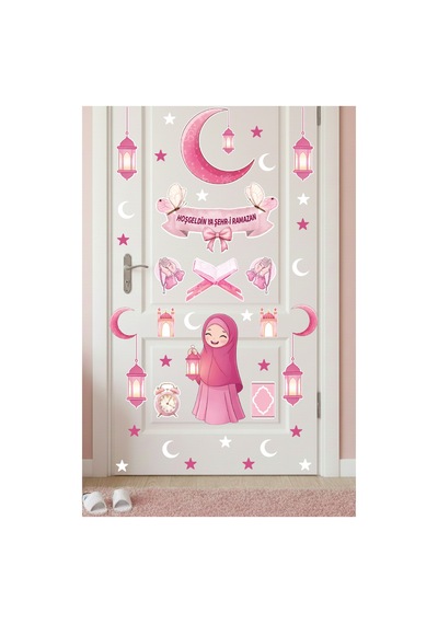 Pembe Ramazan Süsleme Seti - Çocuk Odası Kapı Ve Duvar Stickerı - Hoşgeldin Ya Şehr-i Ramazan