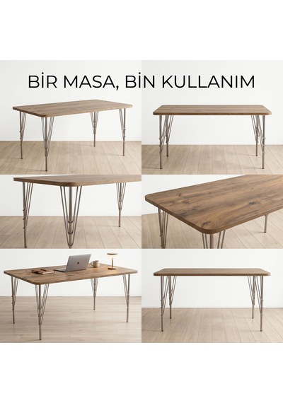 Modern Ahşap Desenli 6 Kişilik Yemek Masası 119x89 Cm Sabit Metal Ayaklı Sağlam Mutfak Masası, Çalışma Masası, Balkon Masası Atlantik - Çam