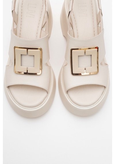 Luvishoes Lucıa Ekru Tokalı Hakiki Deri Kadın Dolgu Topuklu Sandalet Ekru