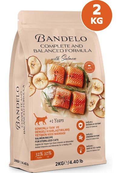Bandelo Kısırlaştırılmış Somonlu Yetişkin Kuru Kedi Maması 2 Kg - Kilo Kontrolü, Tüy Sağlığı ve Koku Önleyici Etkili